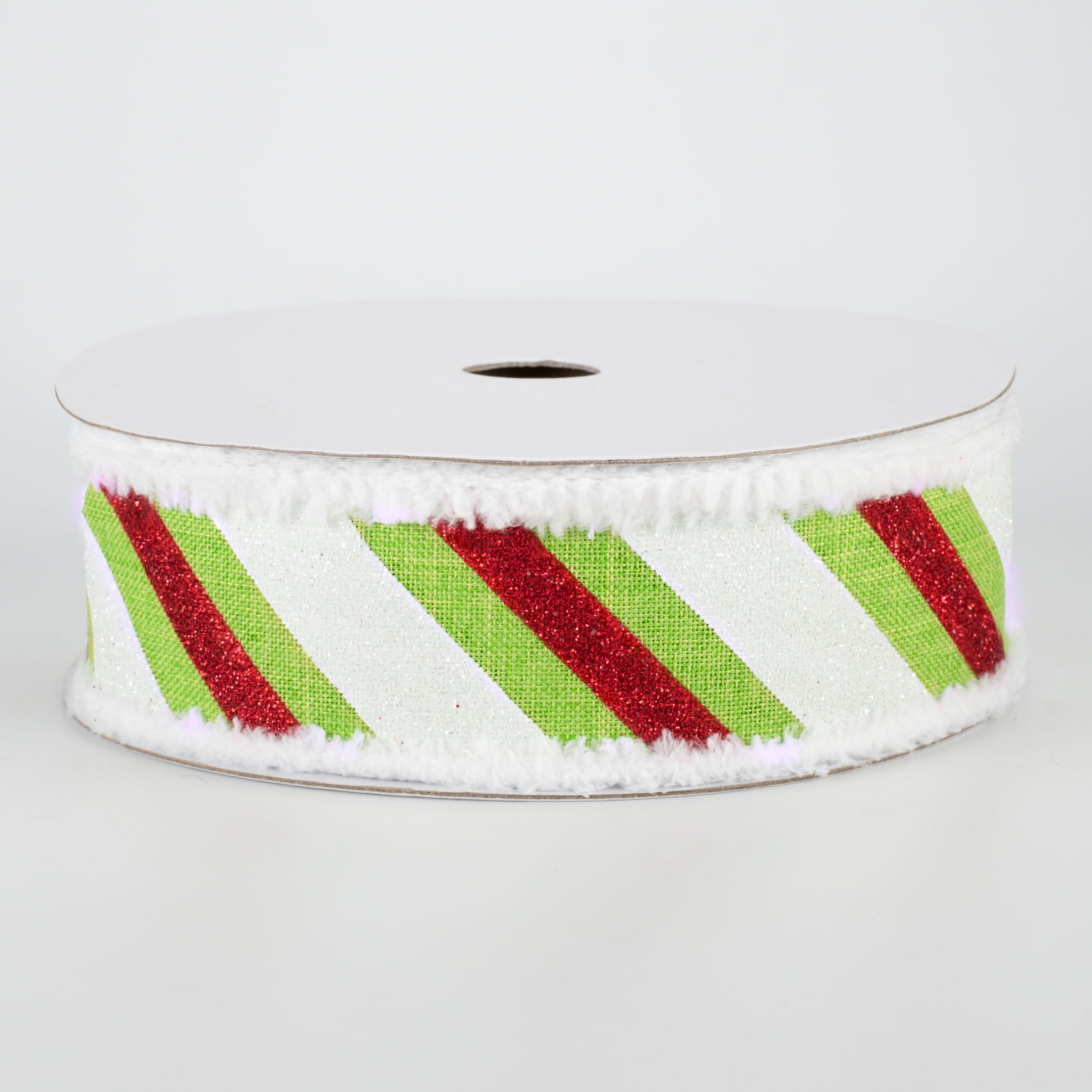 1.5" Chenille Edge Diagonal Glitter Stripe Ribbon: Lime, Red, White (10 Yards)