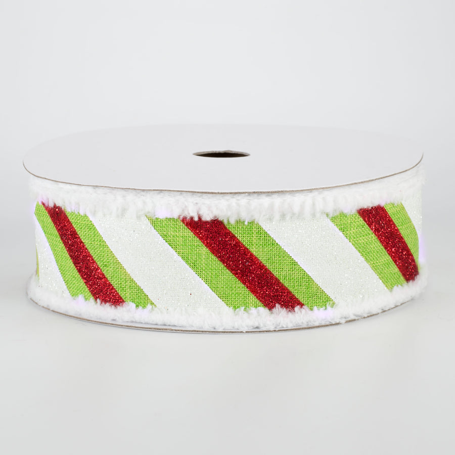 1.5" Chenille Edge Diagonal Glitter Stripe Ribbon: Lime, Red, White (10 Yards)