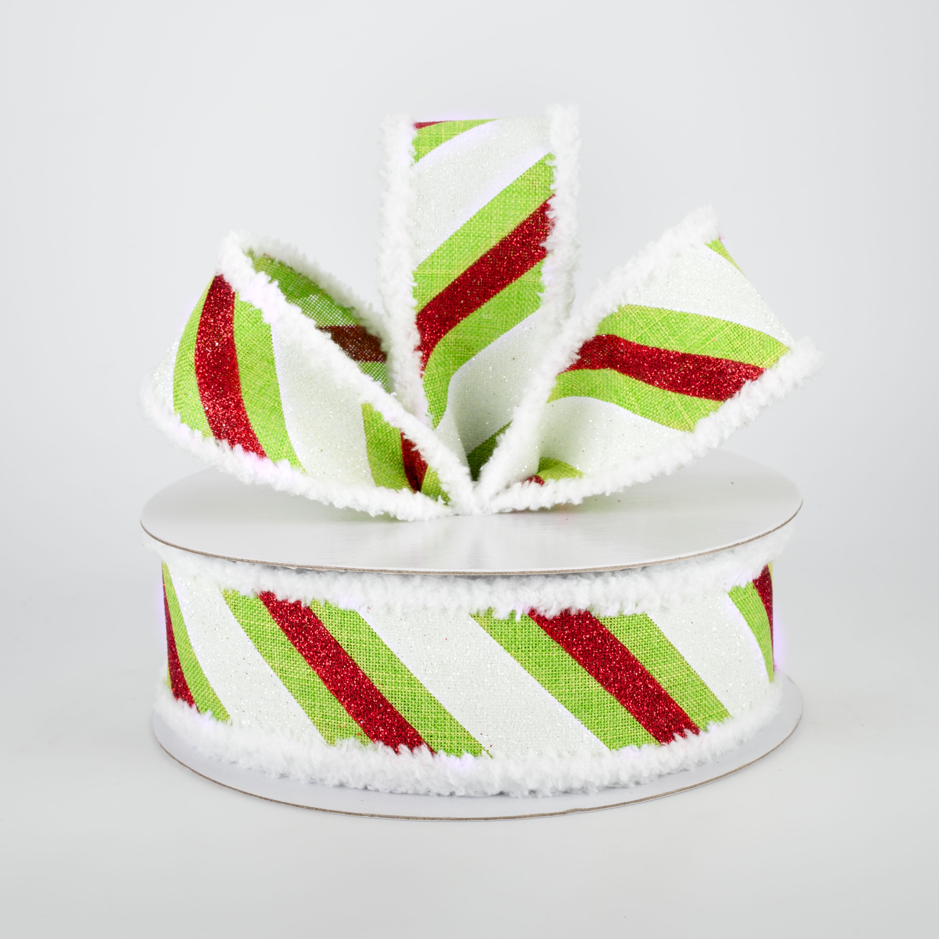 1.5" Chenille Edge Diagonal Glitter Stripe Ribbon: Lime, Red, White (10 Yards)