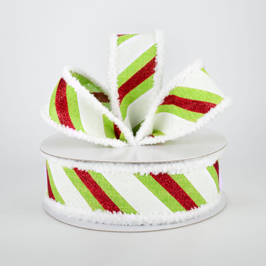 1.5" Chenille Edge Diagonal Glitter Stripe Ribbon: Lime, Red, White (10 Yards)