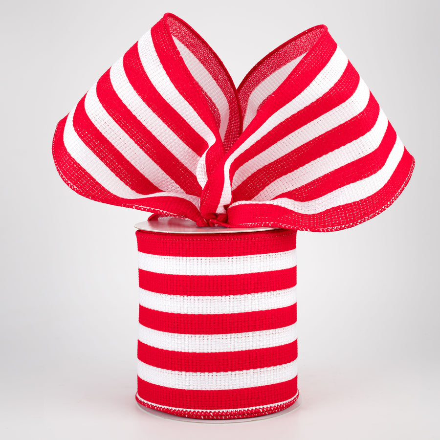 4" Vertical Stripe Faux Burlap Ribbon: Red & White (10 Yards)