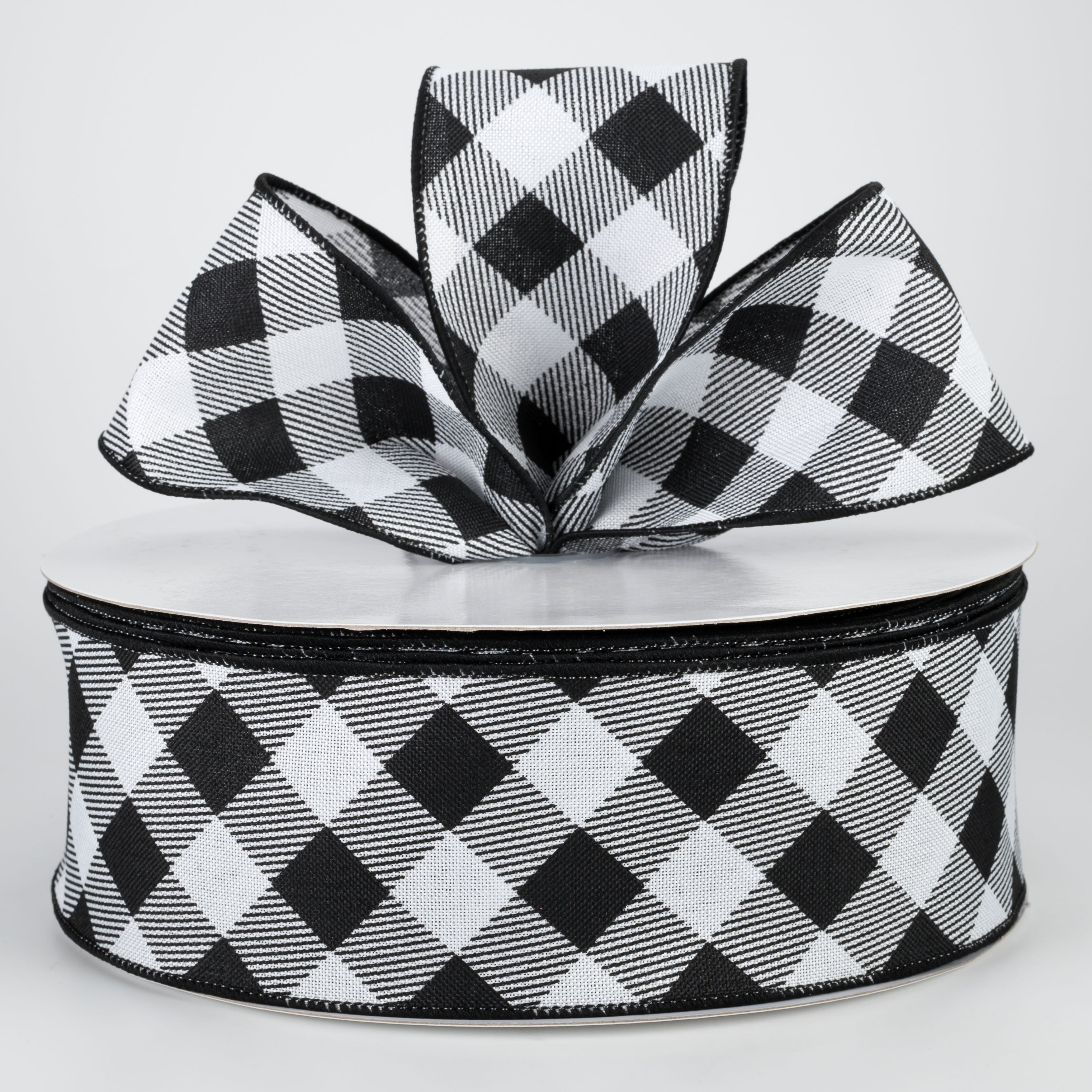 2.5" Diagonal Check Ribbon: Black & White (50 Yards)