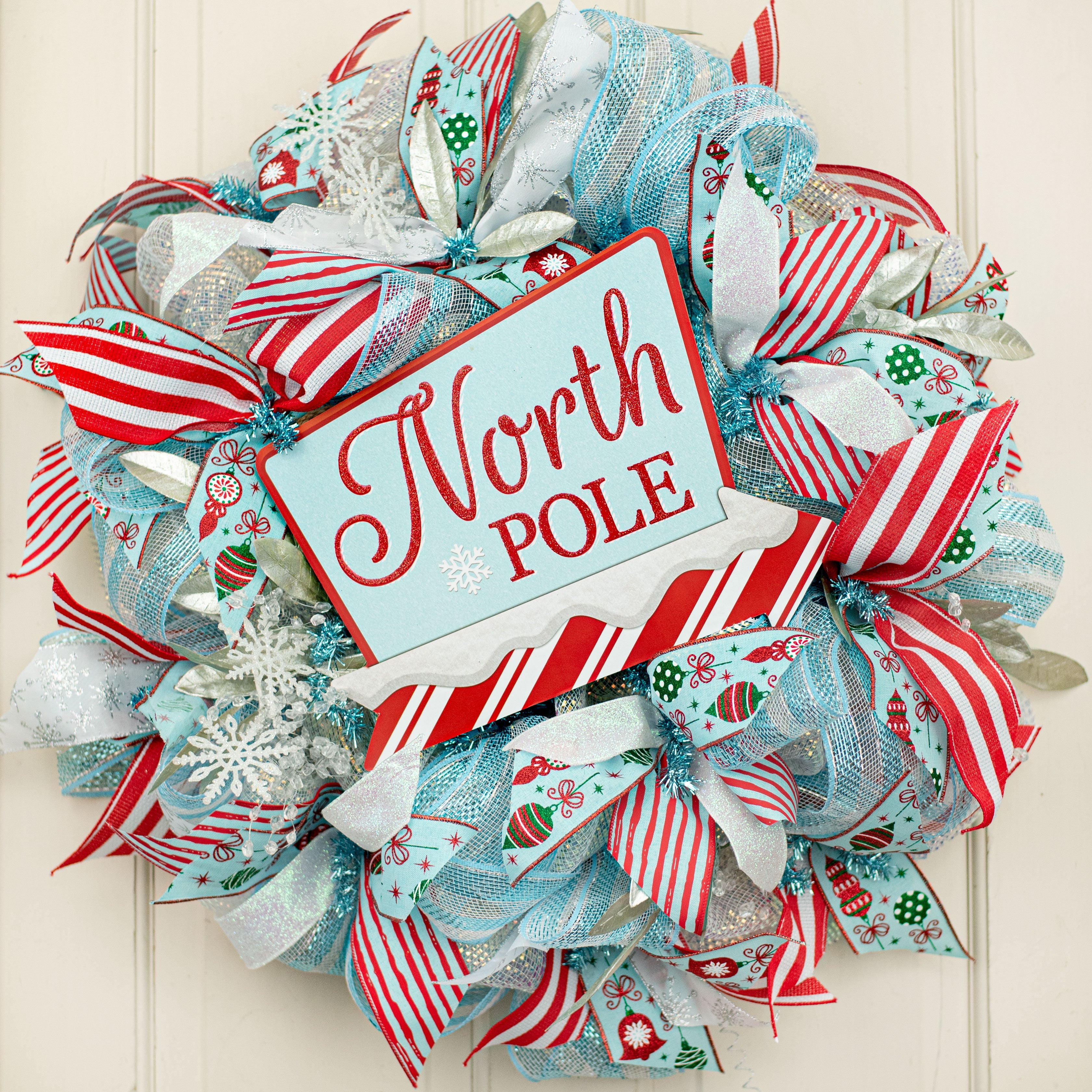 12" Wooden Sign: Ice Blue North Pole Arrow