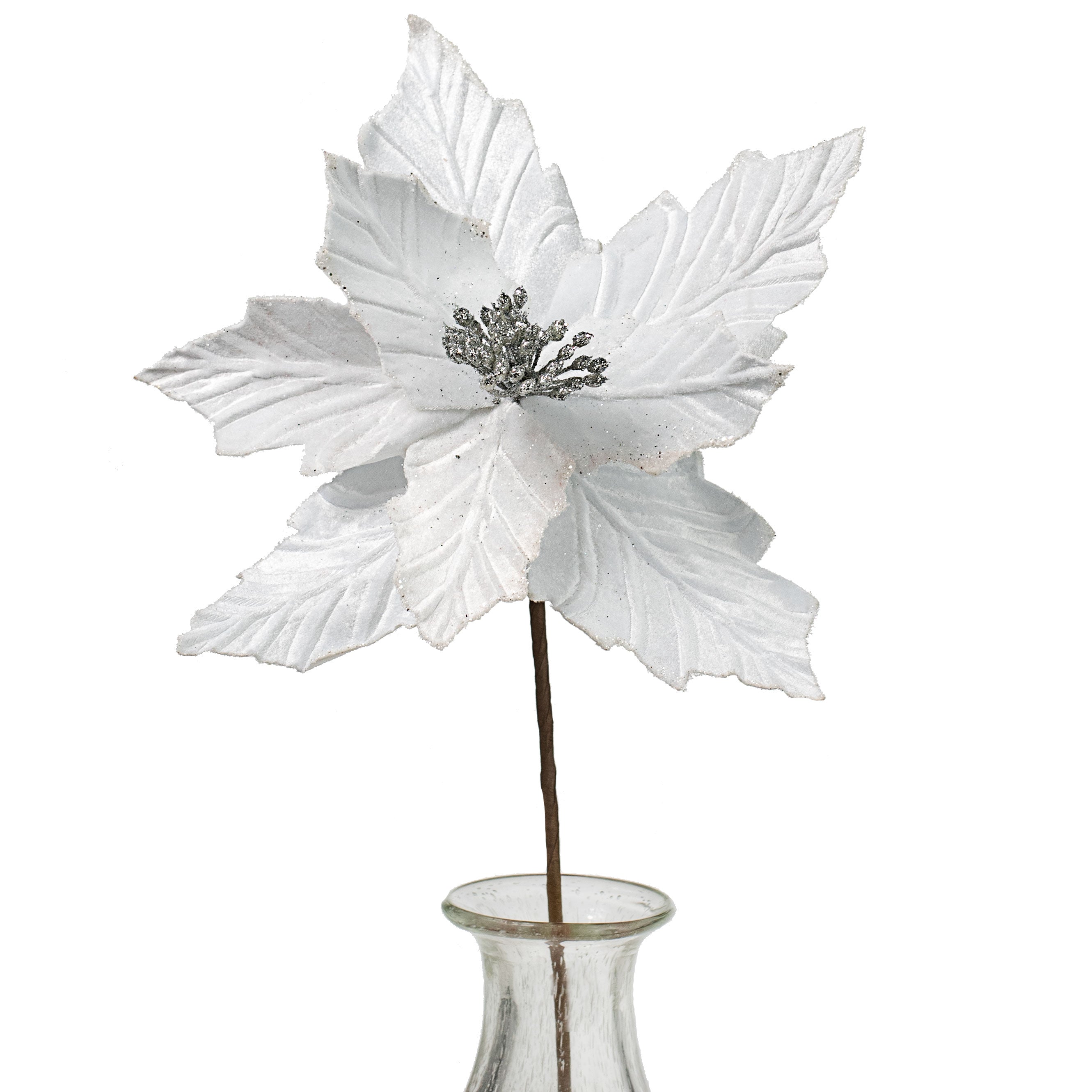 18" Velvet Poinsettia Stem: White
