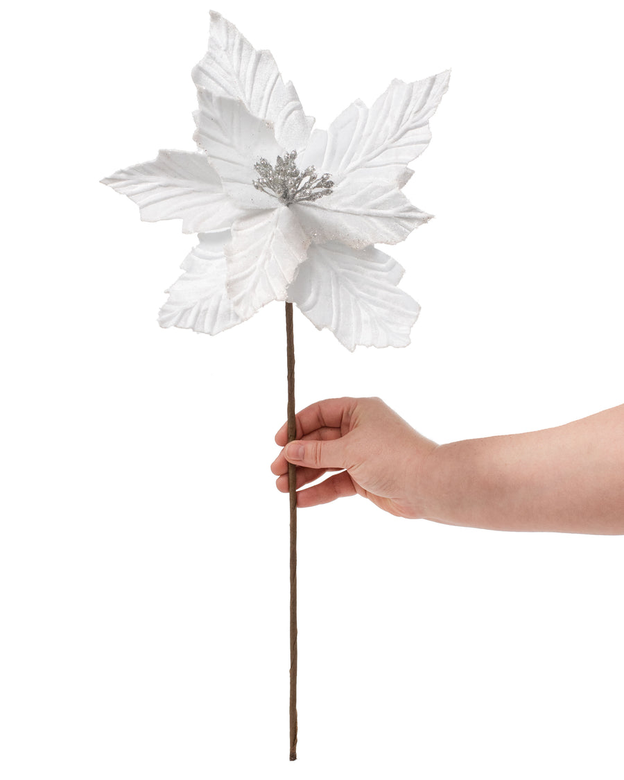 18" Velvet Poinsettia Stem: White