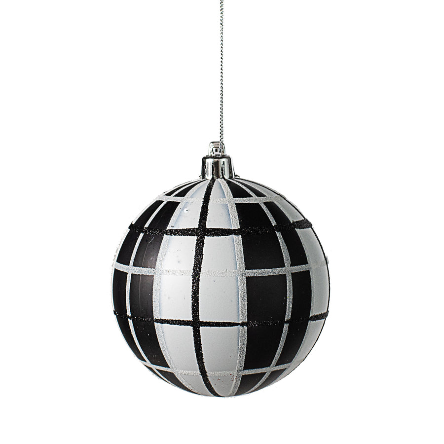 100MM Plaid Ball Ornament: Black & White