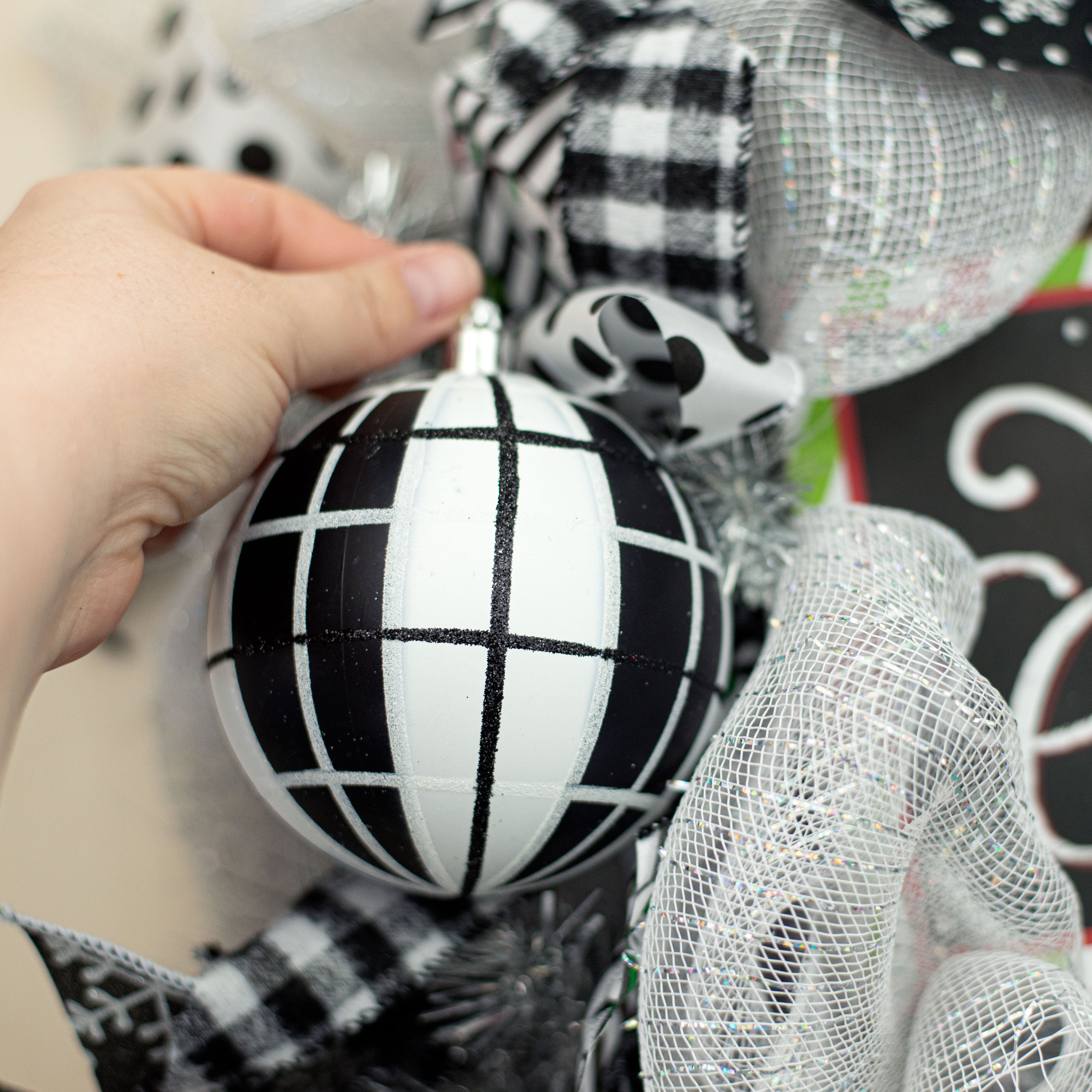 100MM Plaid Ball Ornament: Black & White