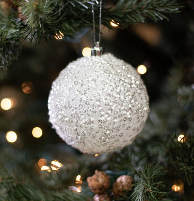 100MM Sequin Glitter Ball Ornament: White