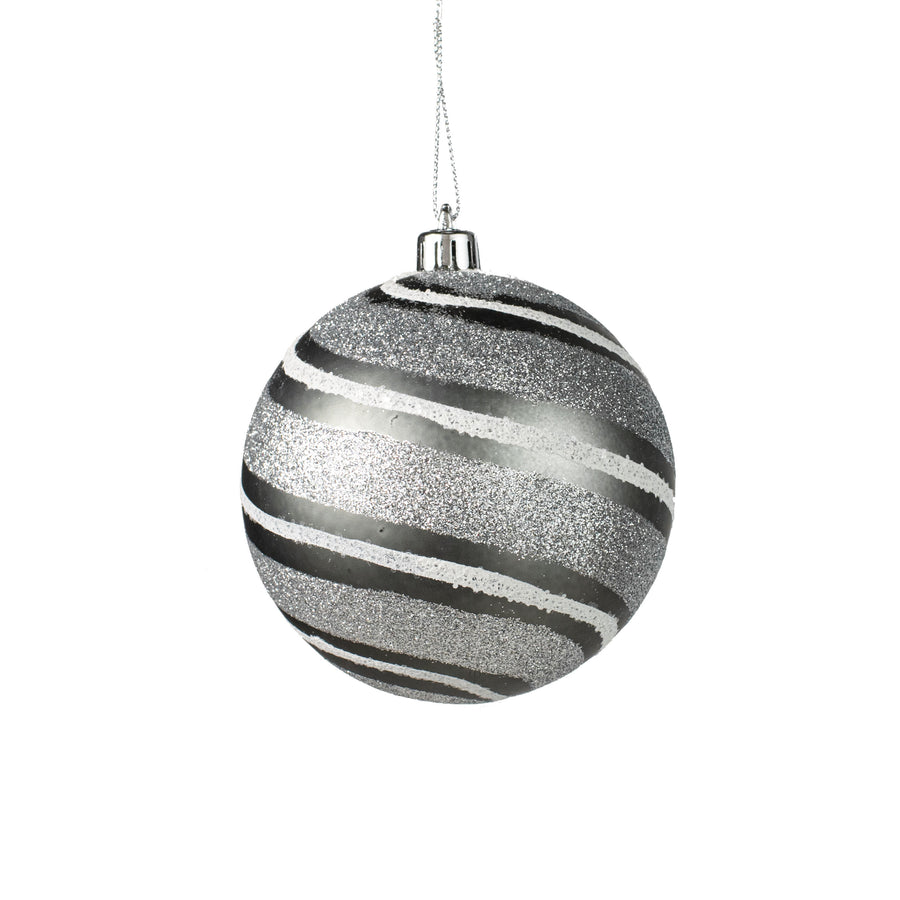 100MM Diagonal Glitter Stripe Ball Ornament: Pewter, Silver, White