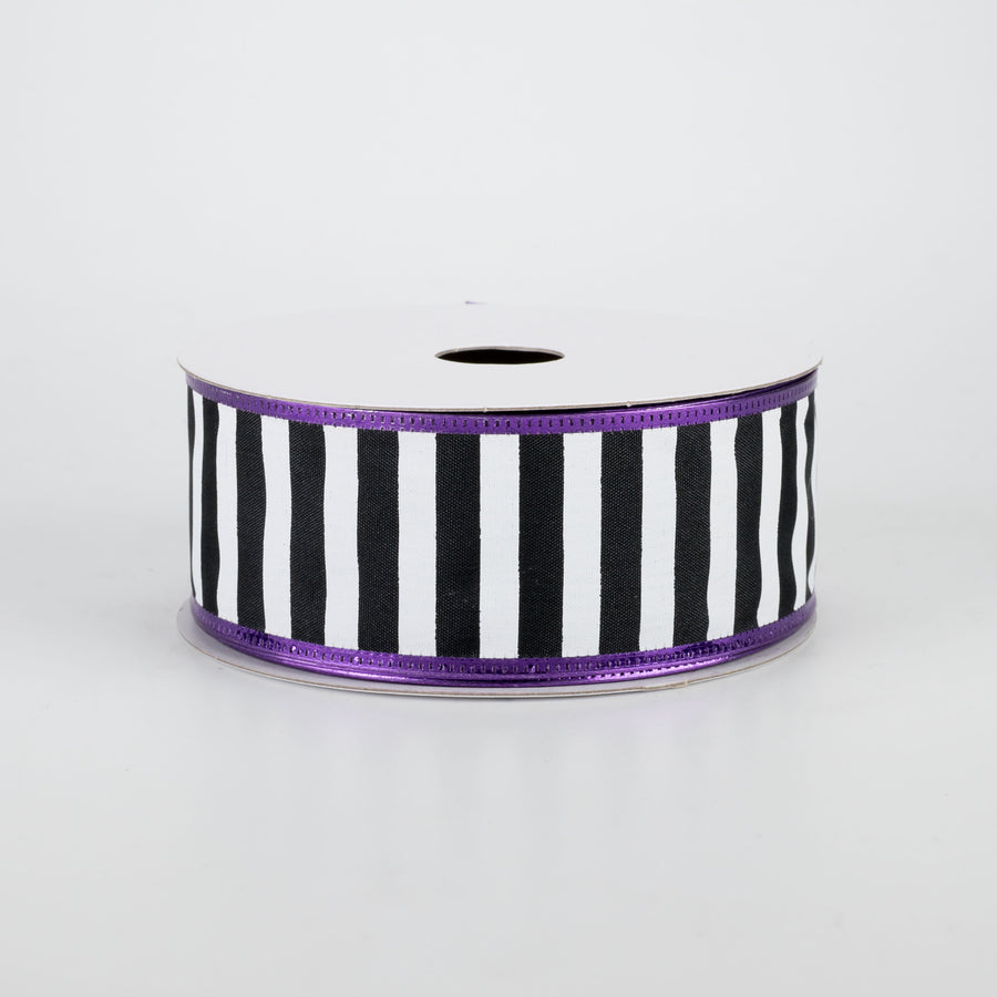 1.5" Black & White Stripe Metallic Edge Ribbon: Purple (10 yards)