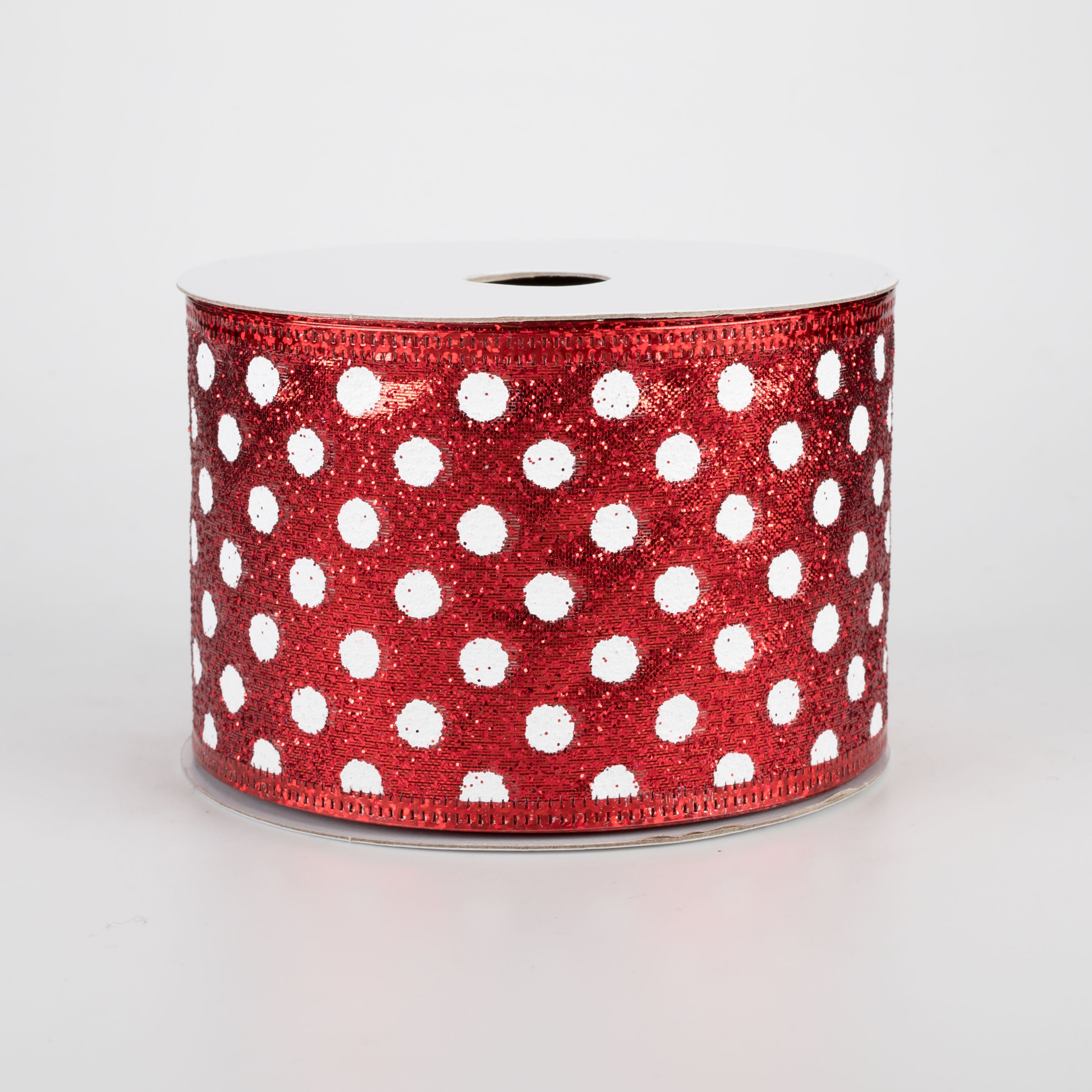 2.5" Red Glitter Polka Dot Ribbon: White (10 Yards)