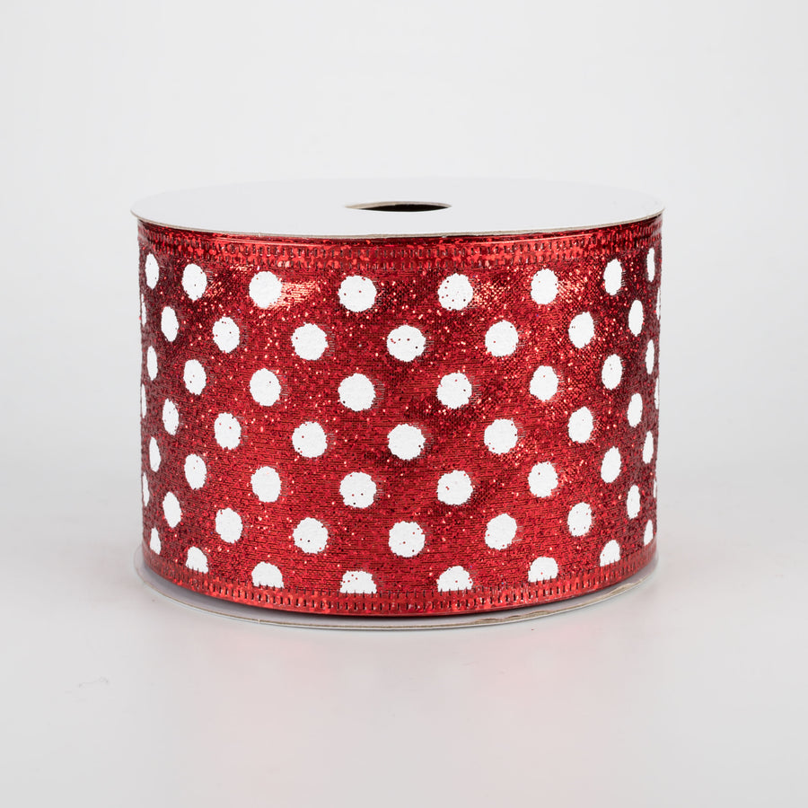 2.5" Red Glitter Polka Dot Ribbon: White (10 Yards)