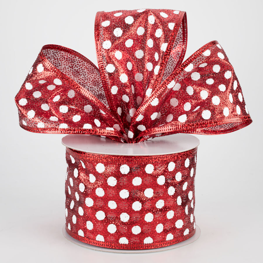 2.5" Red Glitter Polka Dot Ribbon: White (10 Yards)