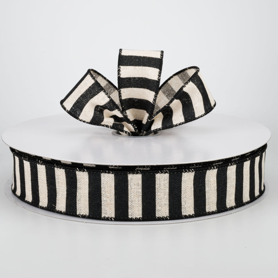 1.5" Horizontal Canvas Stripe Ribbon: Black & Natural (50 Yards)