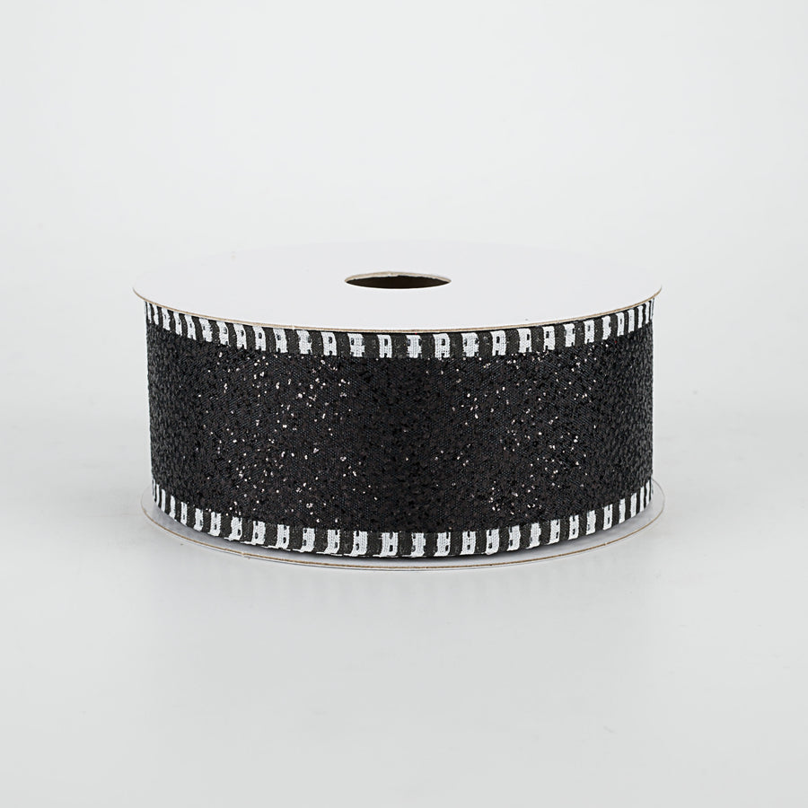 1.5" Black & White Striped Edge Glitter Ribbon: Black (10 Yards)