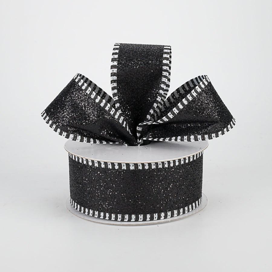 1.5" Black & White Striped Edge Glitter Ribbon: Black (10 Yards)