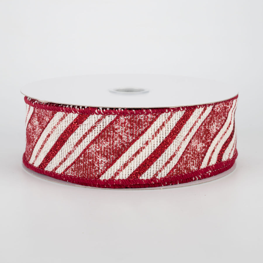 1.5" Vintage Diagonal Stripe Ribbon: Red & Cream (10 Yards)