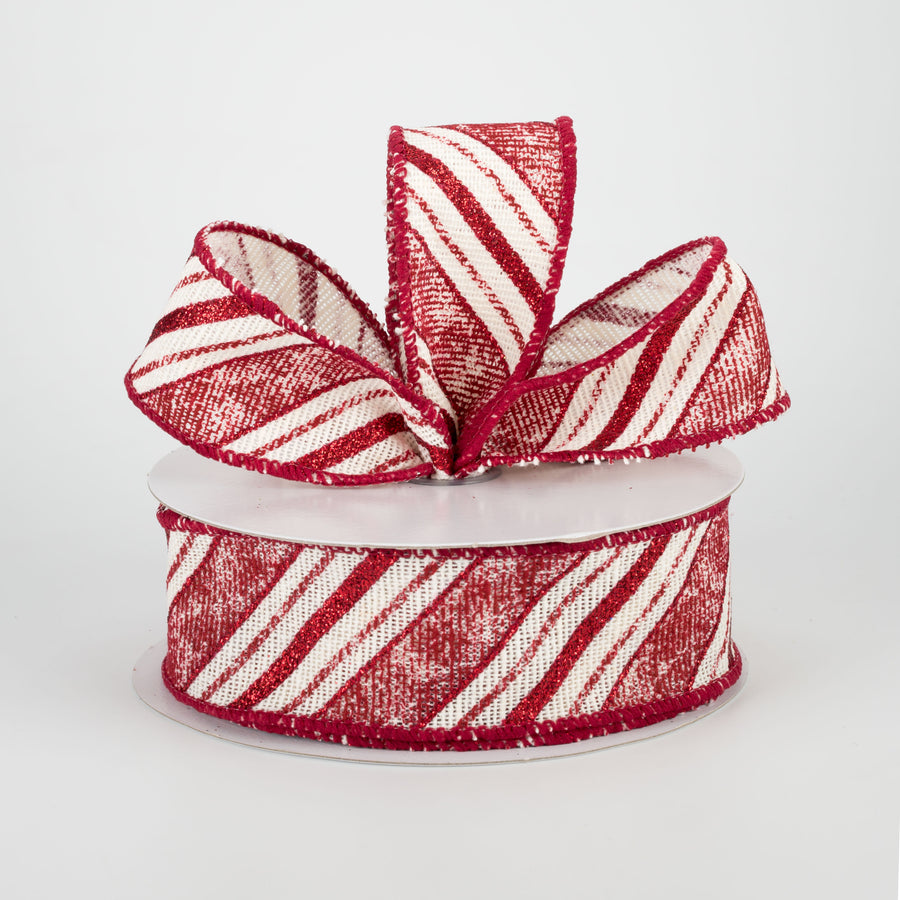 1.5" Vintage Diagonal Stripe Ribbon: Red & Cream (10 Yards)