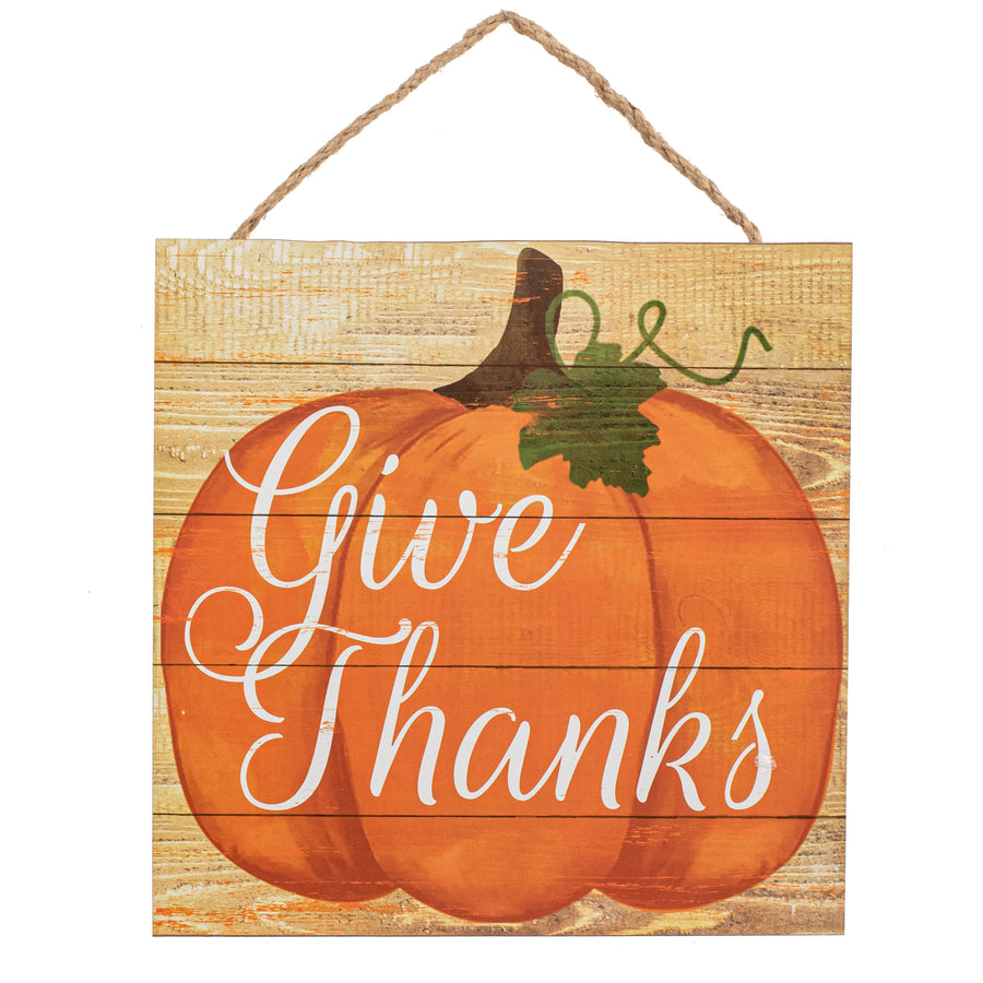 10" Square Wooden Sign: Give Thanks Pumpkin
