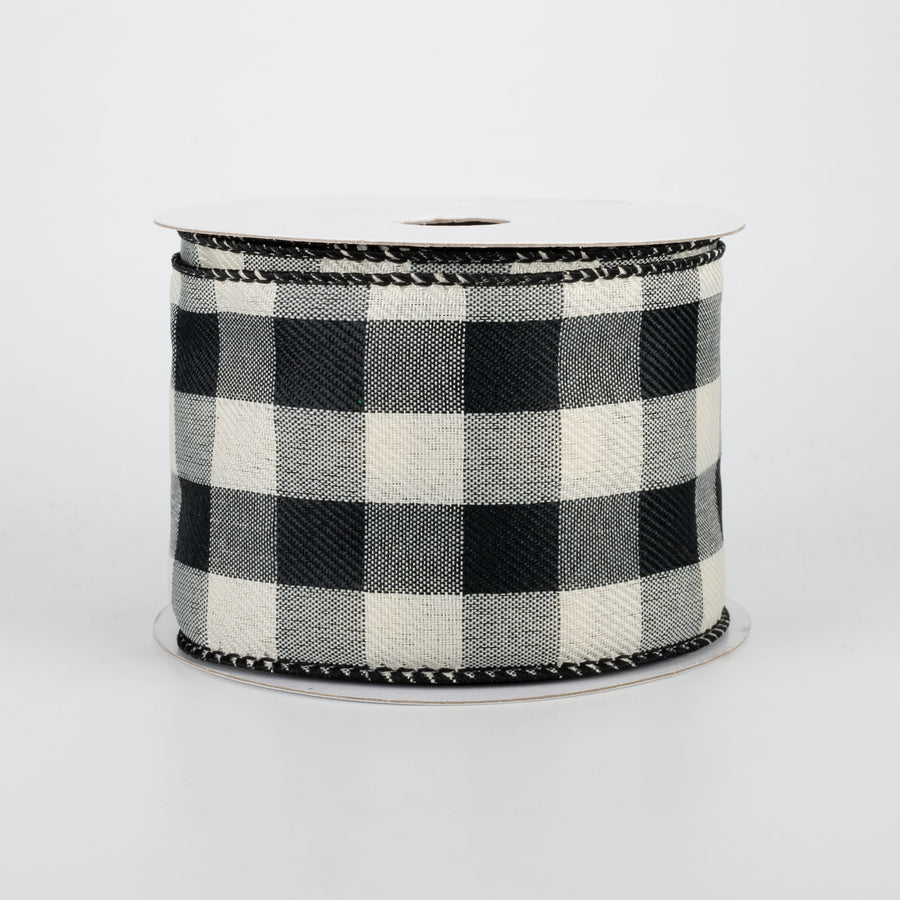 2.5" Linen Check Buffalo Plaid Ribbon: Black & Ivory (10 Yards)
