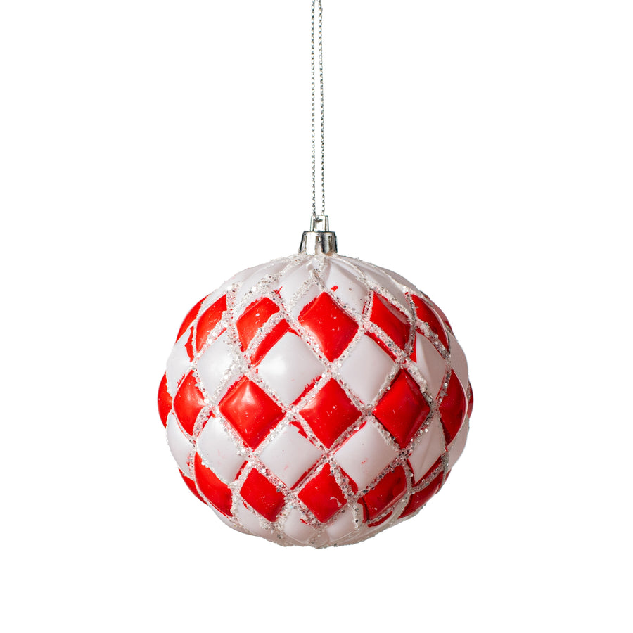 4" Diamond Pattern Ball Ornament: Red & White