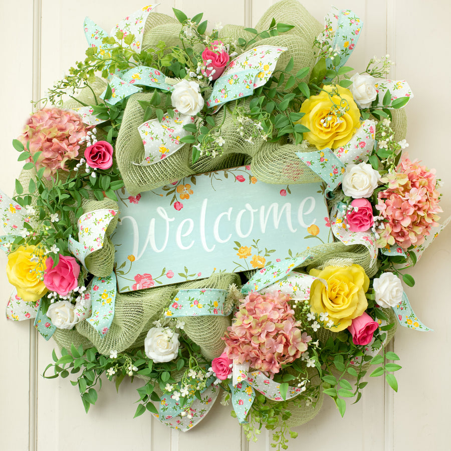 12" Wooden Sign: Vintage Floral Welcome