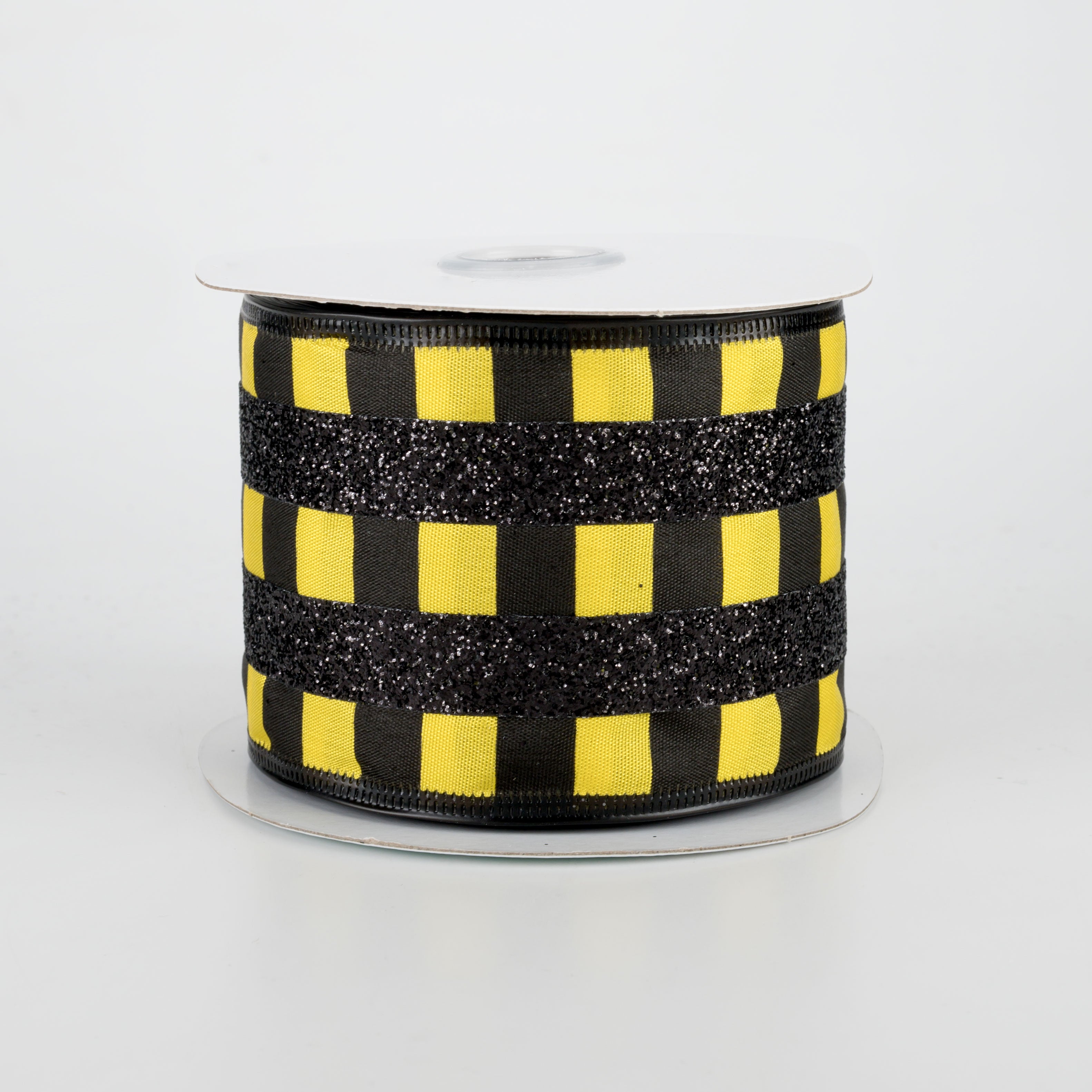 2.5" Glitter Stripes On Satin Ribbon: Black & Yellow (10 Yards)