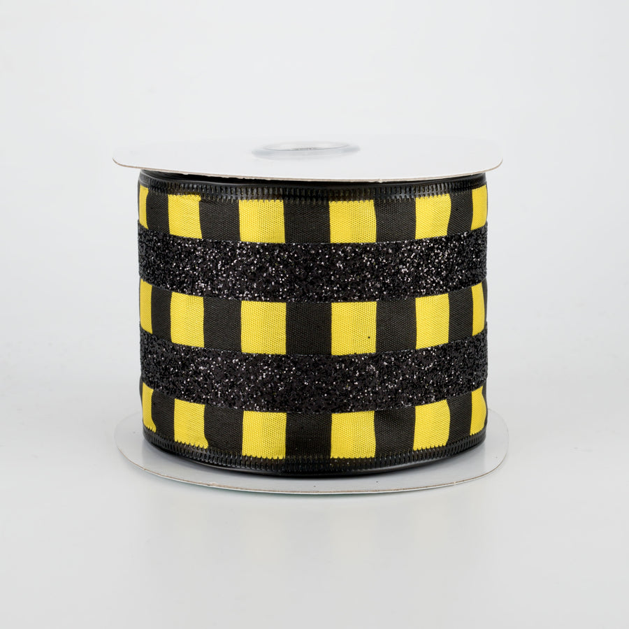 2.5" Glitter Stripes On Satin Ribbon: Black & Yellow (10 Yards)