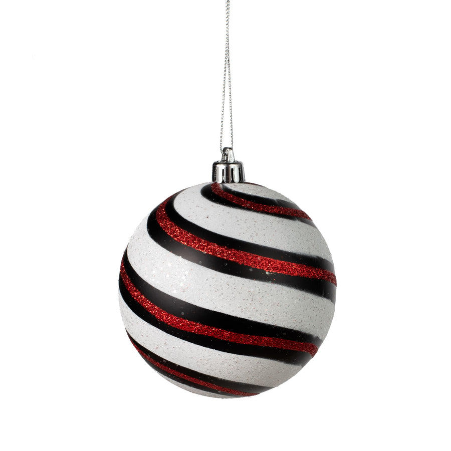 100MM Diagonal Glitter Stripe Ball Ornament: Black, White, Red