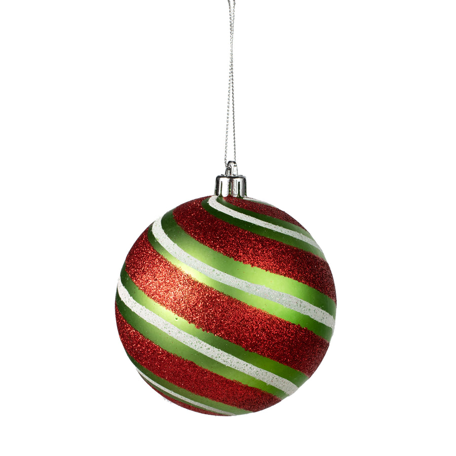 100MM Diagonal Glitter Stripe Ball Ornament: Lime, Red, White
