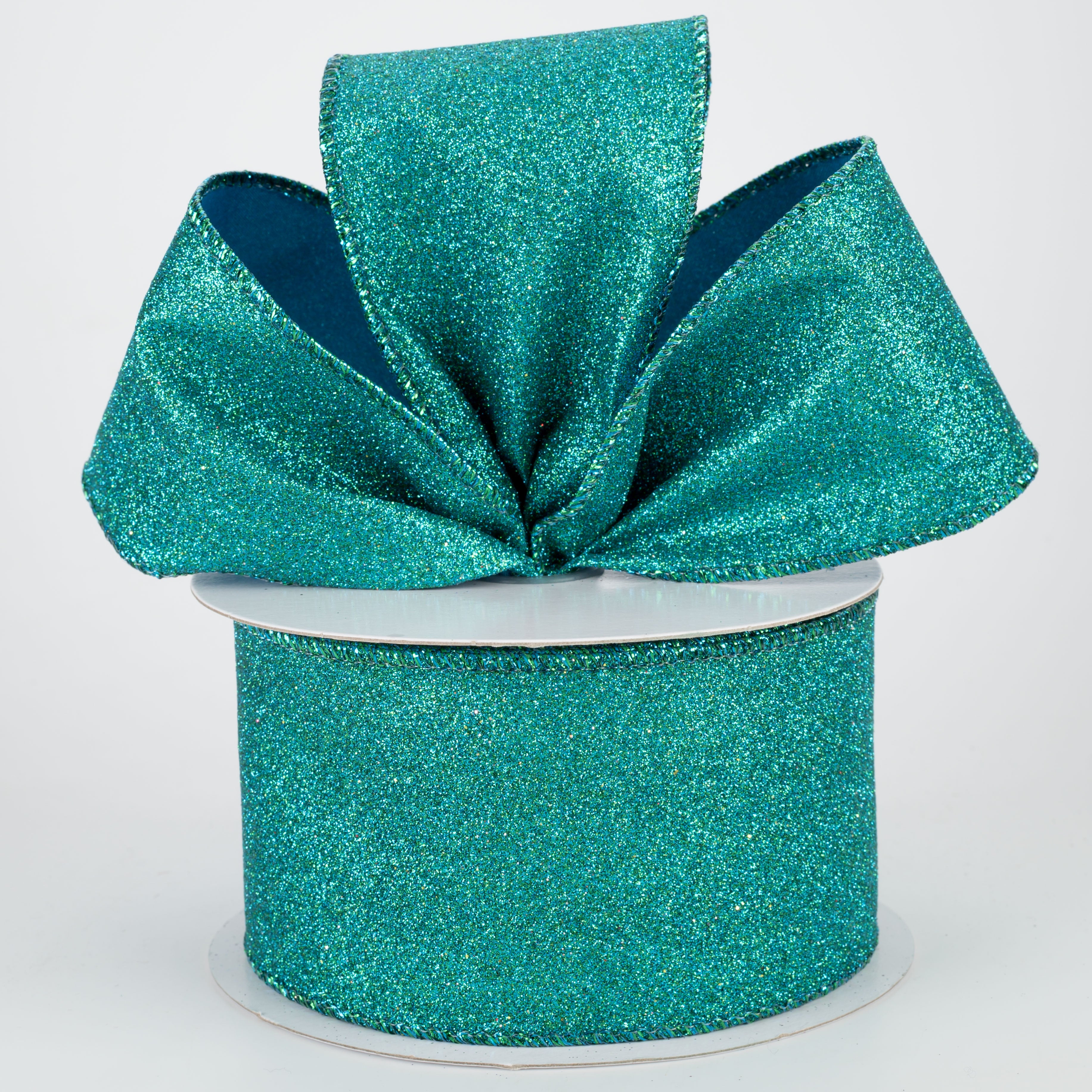 2.5" Lustrous All Flat Glitter Ribbon: Peacock Blue (10 Yards)