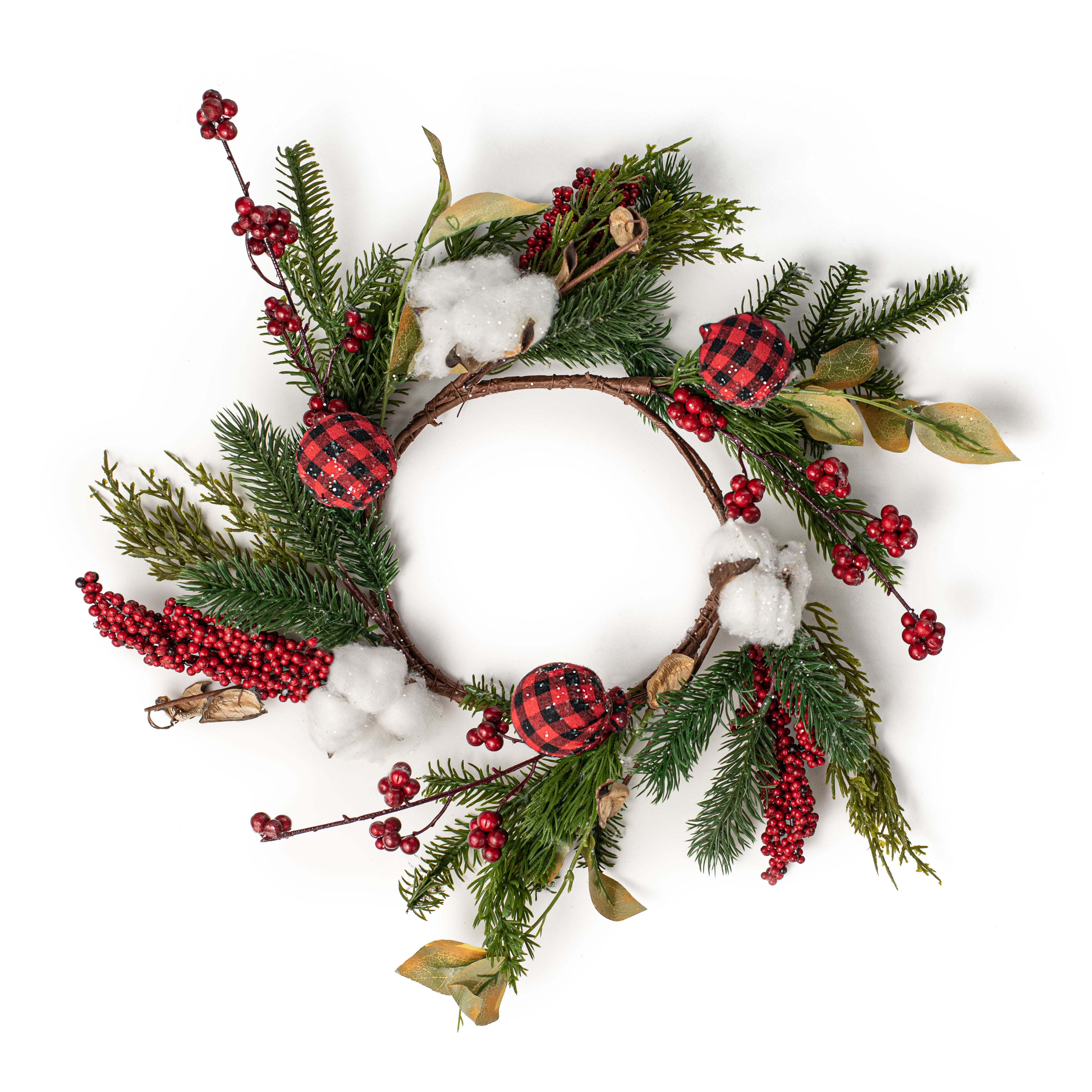 16" Holiday Buffalo Plaid Balls & Cotton Wreath