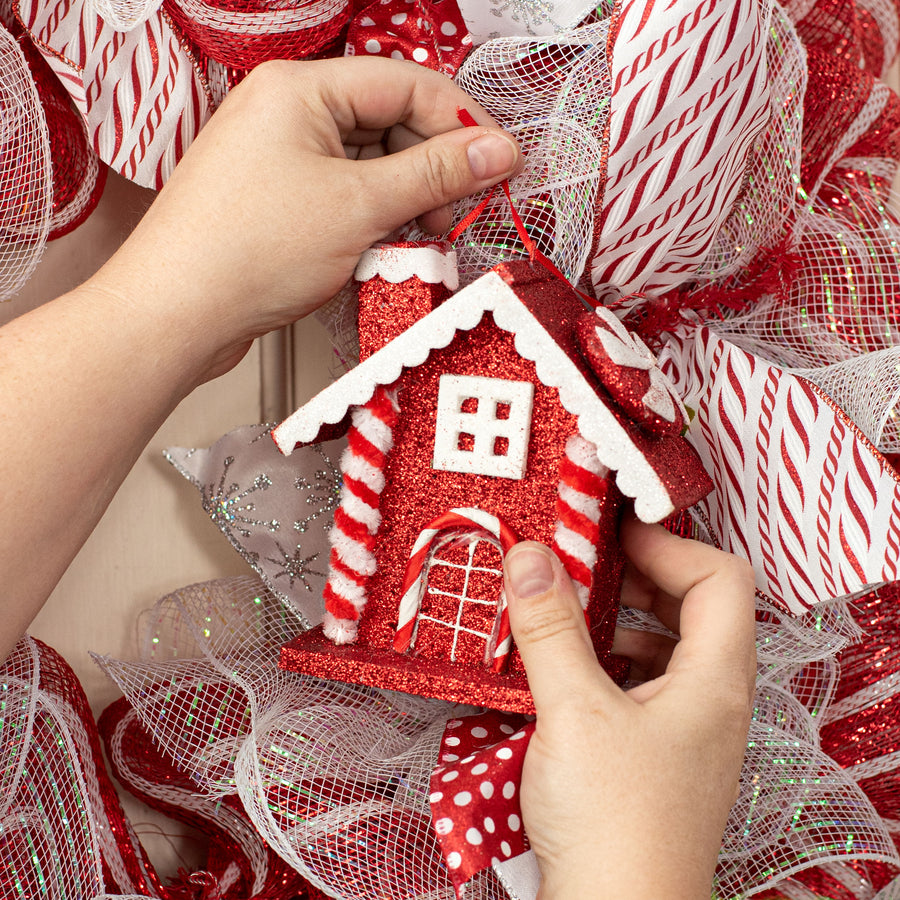 5" Peppermint Gingerbread House Ornament: Red