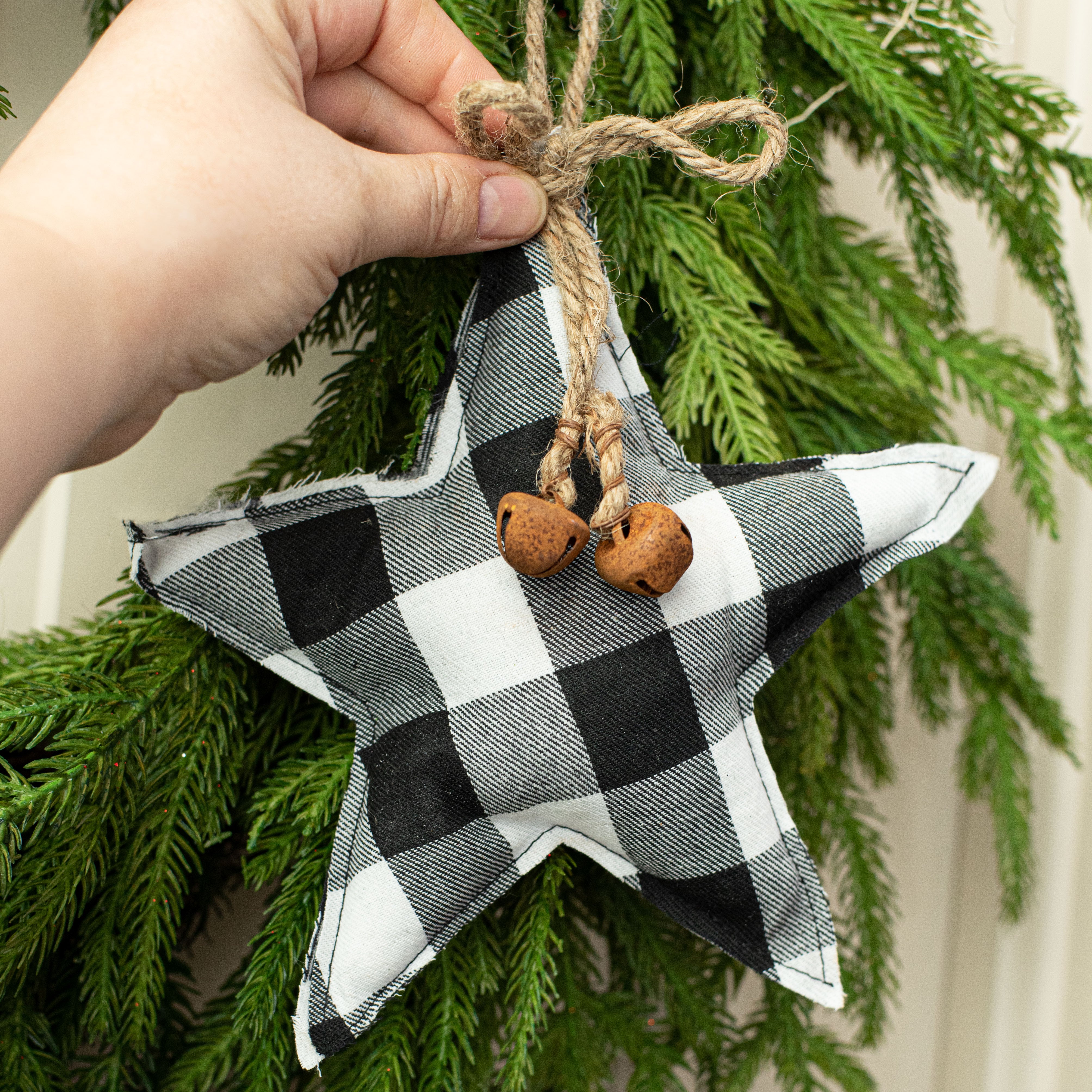 8" Buffalo Plaid Plush Star Ornament: Black & White