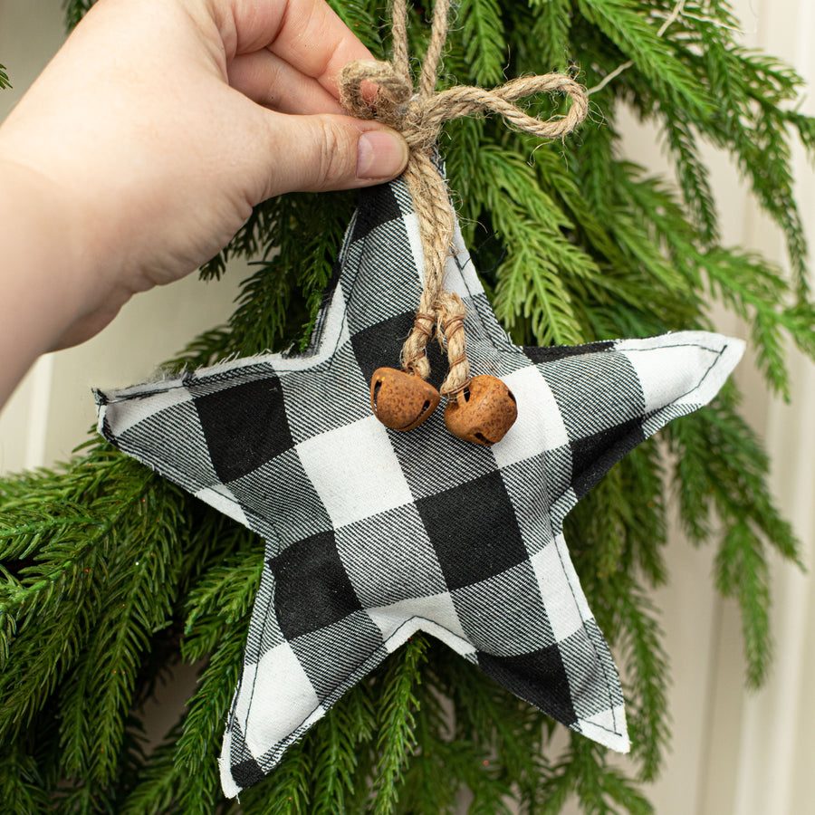 8" Buffalo Plaid Plush Star Ornament: Black & White