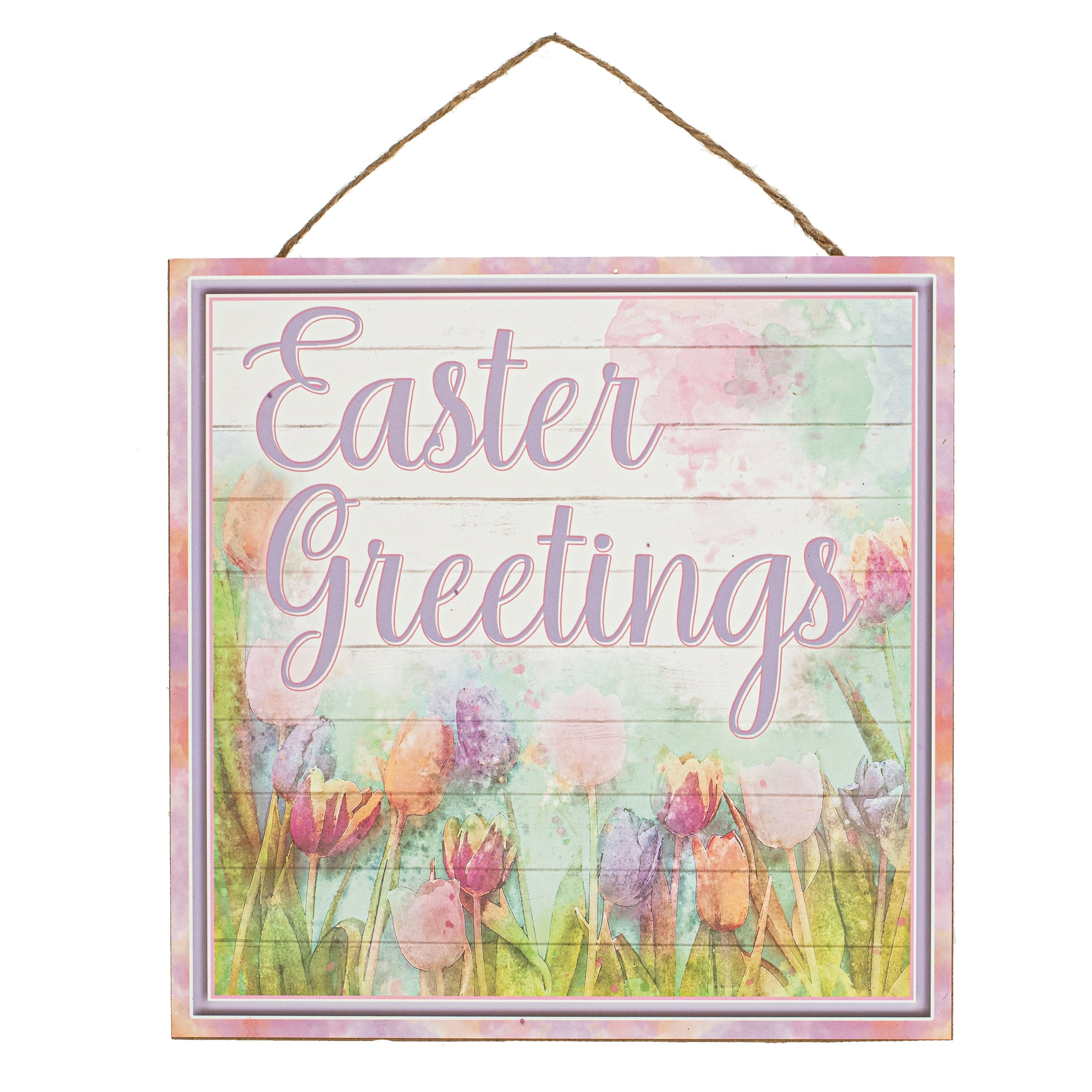 10" Square Wooden Sign: Tulip Easter Greetings