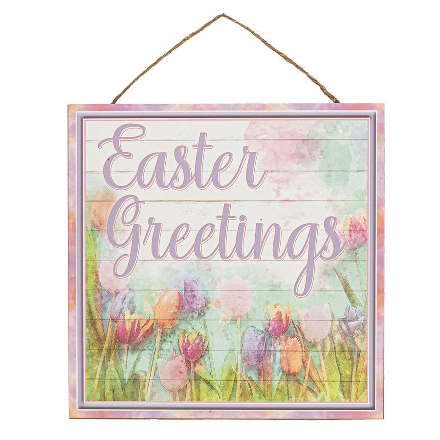 10" Square Wooden Sign: Tulip Easter Greetings