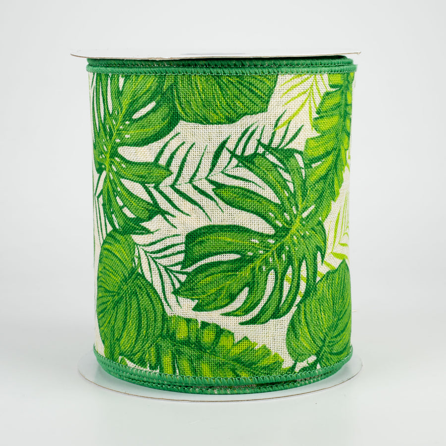 4" Tropical Leaves Ribbon: Cream (10 Yards)