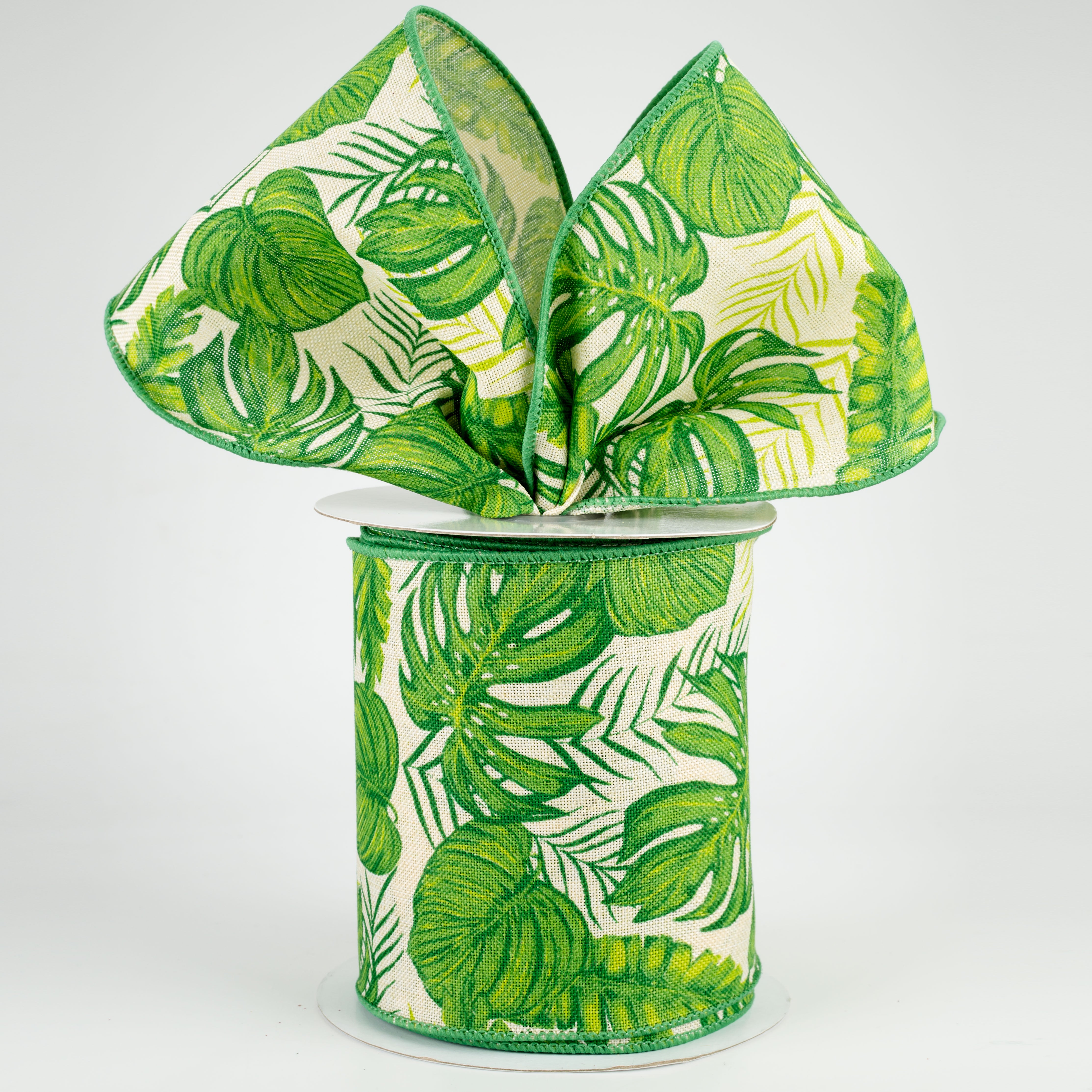 4" Tropical Leaves Ribbon: Cream (10 Yards)