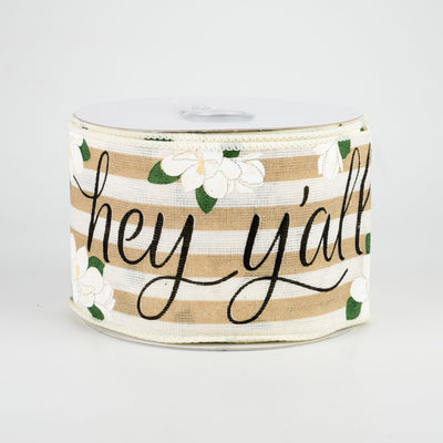 2.5" Hey Y'all Magnolias Ribbon: Light Beige & Off White (10 Yards)