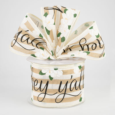 2.5" Hey Y'all Magnolias Ribbon: Light Beige & Off White (10 Yards)