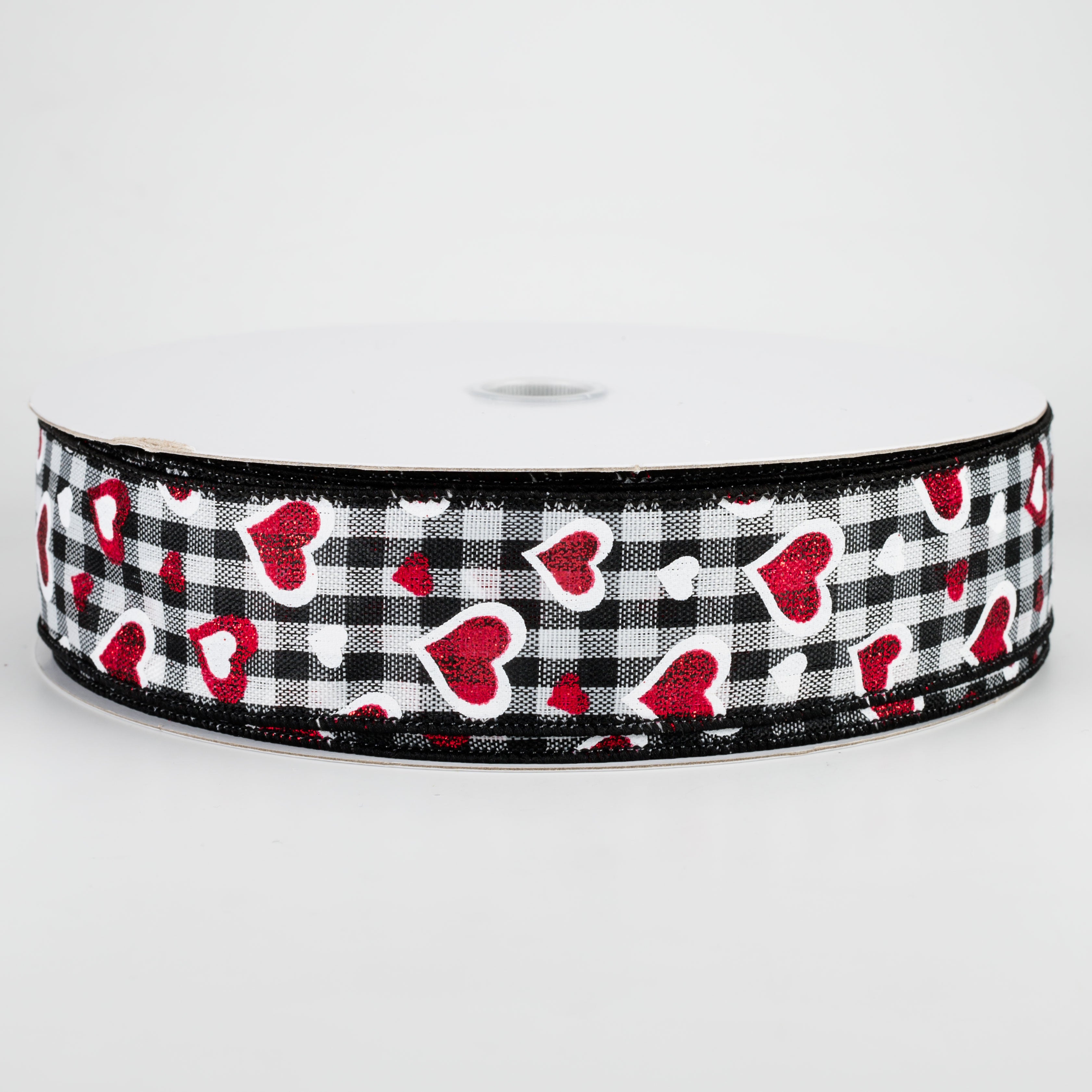 1.5" Red Glitter Hearts & Check Ribbon (50 Yards)