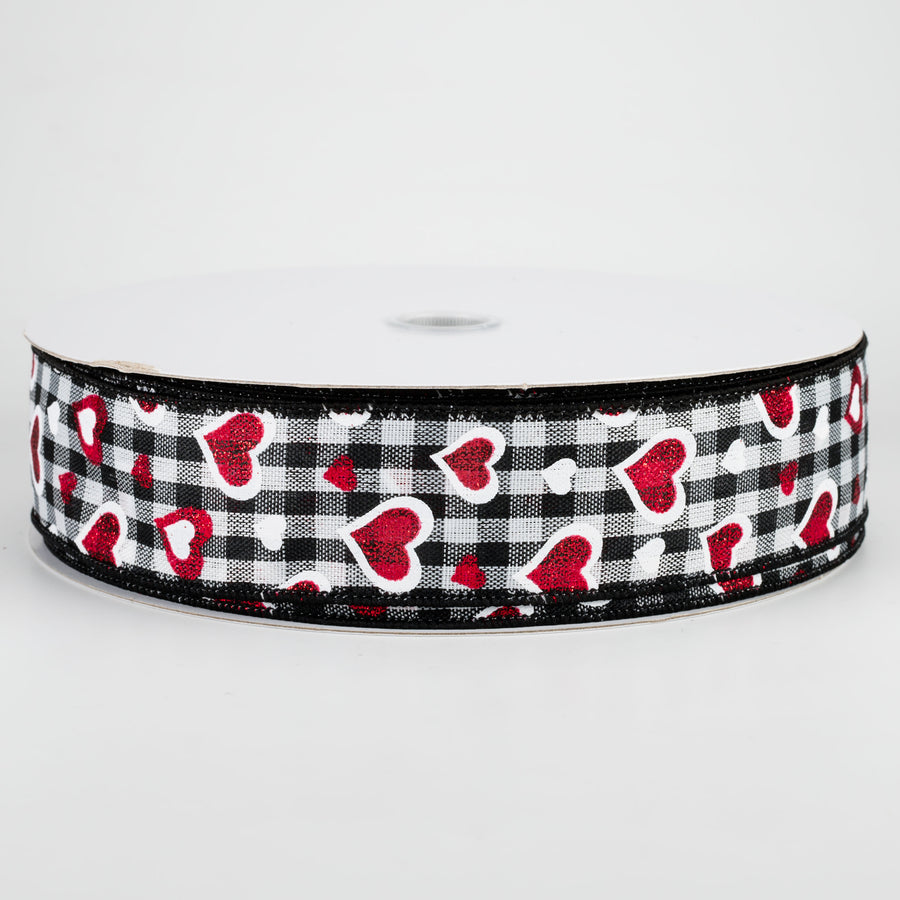 1.5" Red Glitter Hearts & Check Ribbon (50 Yards)