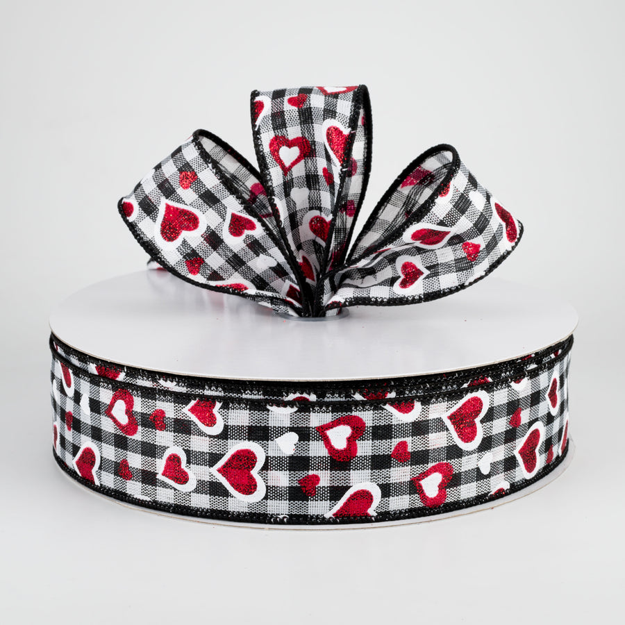 1.5" Red Glitter Hearts & Check Ribbon (50 Yards)