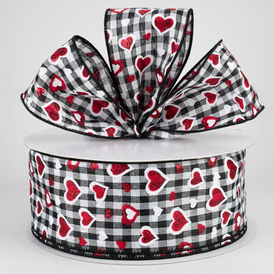 2.5" Red Glitter Hearts & Check Ribbon (50 Yards)