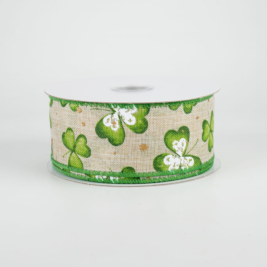 1.5" Watercolor Shamrocks Ribbon: Natural (10 Yards)
