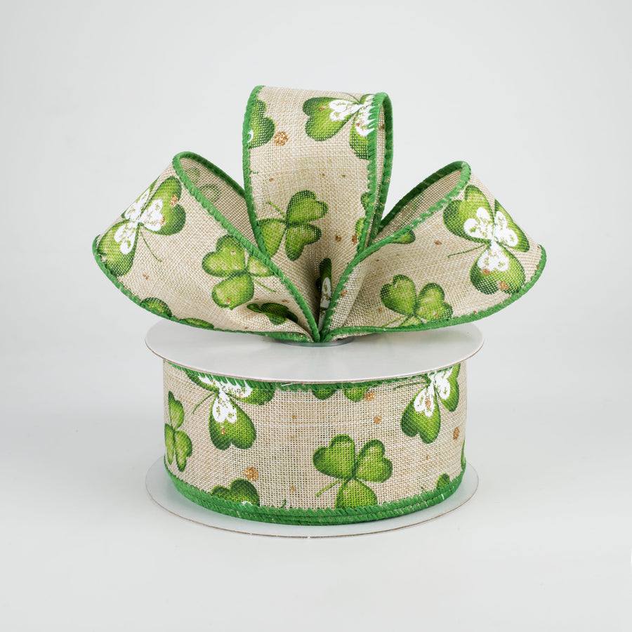 1.5" Watercolor Shamrocks Ribbon: Natural (10 Yards)