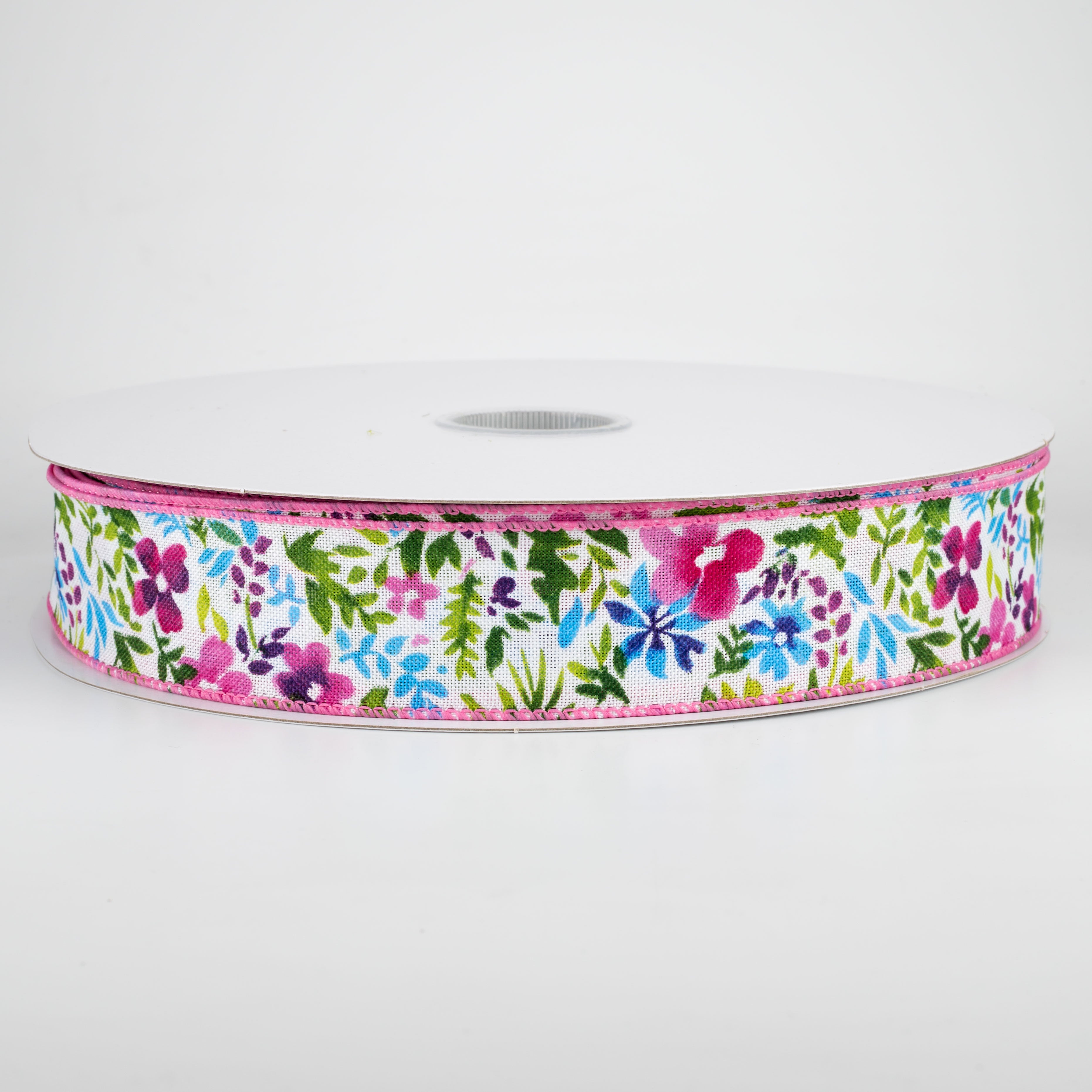 1.5" Watercolor Flowers on Linen Ribbon: Fuchsia & Blue (50 Yards)
