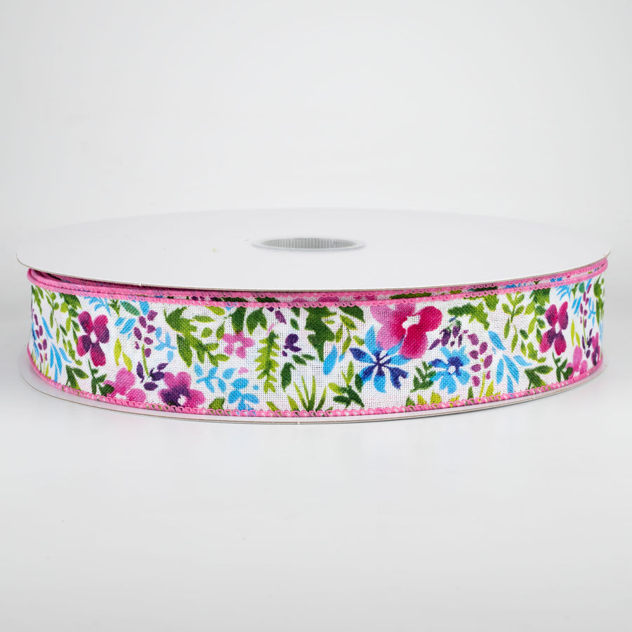 1.5" Watercolor Flowers on Linen Ribbon: Fuchsia & Blue (50 Yards)