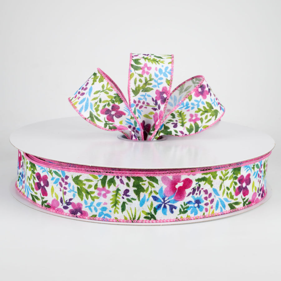 1.5" Watercolor Flowers on Linen Ribbon: Fuchsia & Blue (50 Yards)
